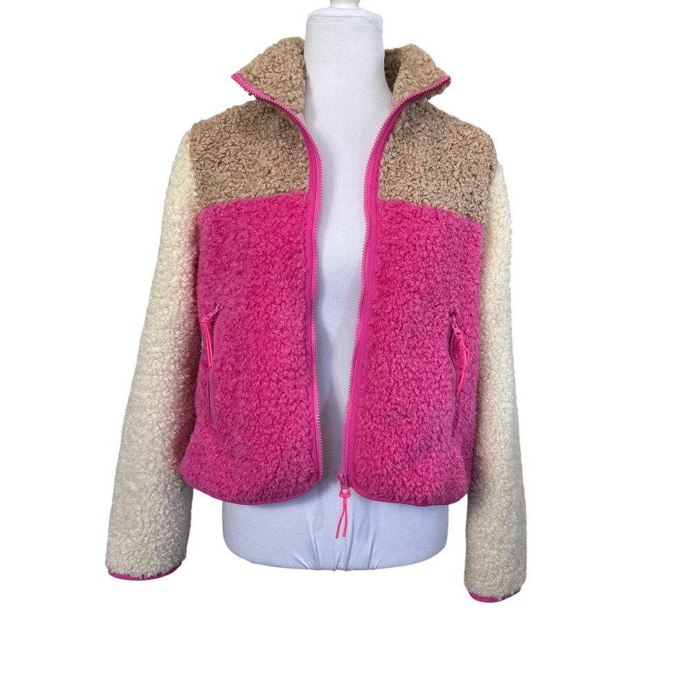 Bella Tilley x Bar III Fuzzy Fleece Zip Up Jacket Color Block Pink Tan Cream- XS